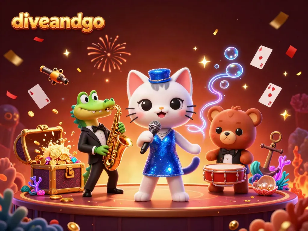 Diveandgo features a lively casino scene with a jazz singer cat, saxophone crocodile, and bear cub drum playing for an engaging experience.