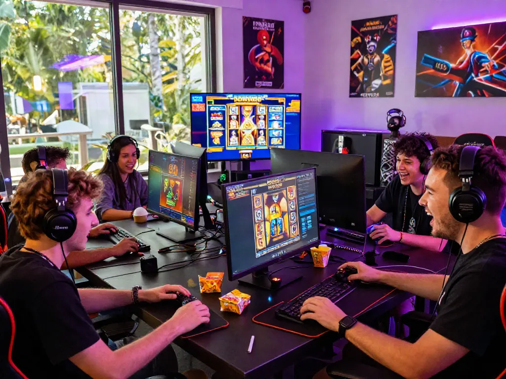 Exciting gaming session with friends enjoying hotwin88 slot games, vibrant atmosphere filled with gaming gear and snacks.