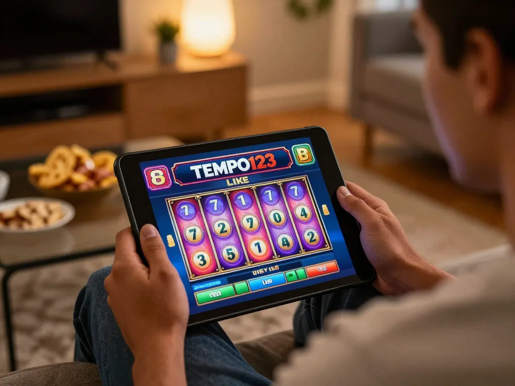 Engaging live gaming experience on Tempo123 with a tablet showcasing online slot action