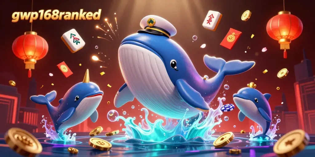 Gambarlah gwp168ranked, paus kartun raksasa, piala poker, dan koin emas dalam suasana kasino yang meriah.