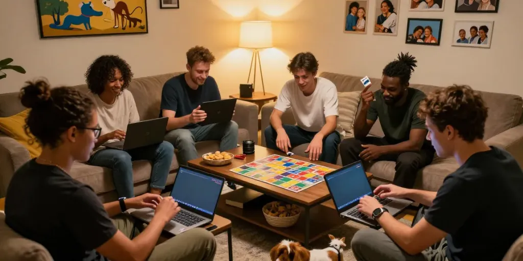 Players enjoying Rumble Rummy on smartphones in a cozy living room setting, showcasing excitement and engagement.
