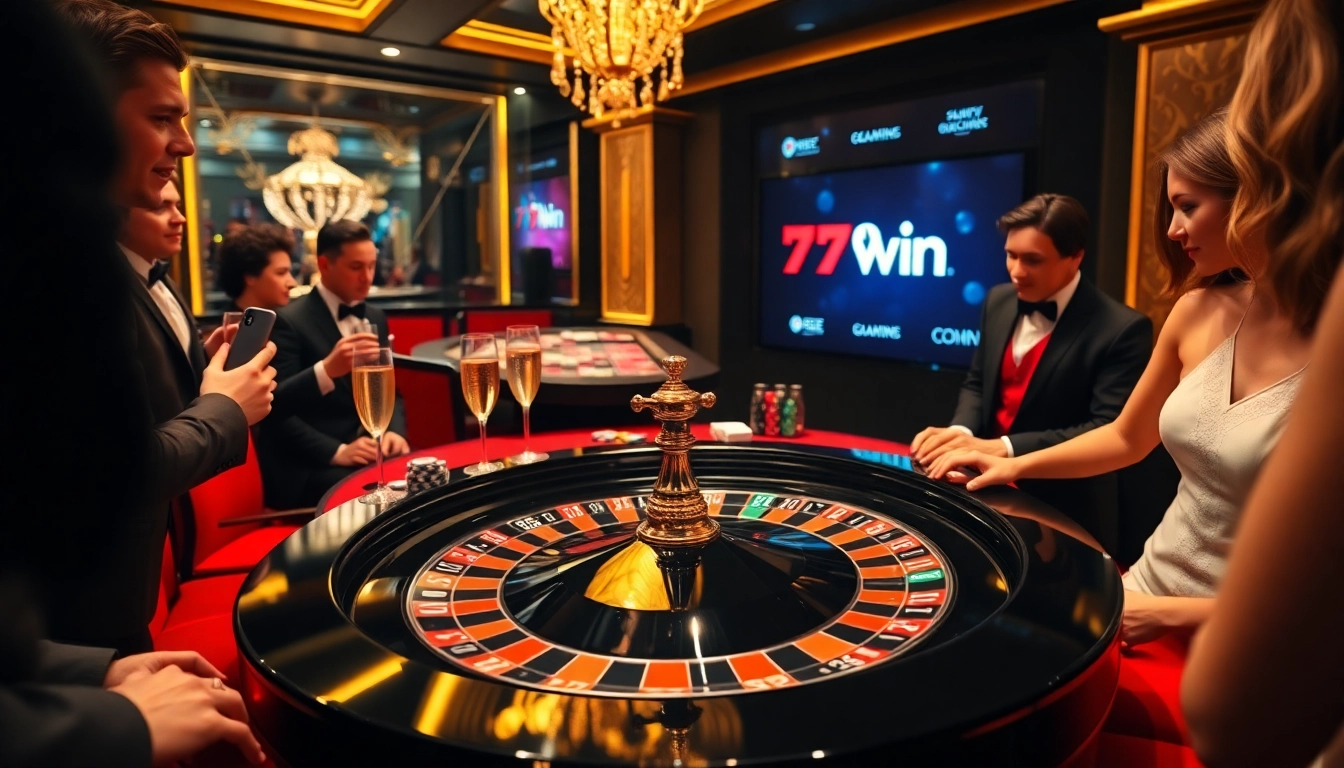 Casino scene at 79win with players engaging at roulette table and colorful chips.