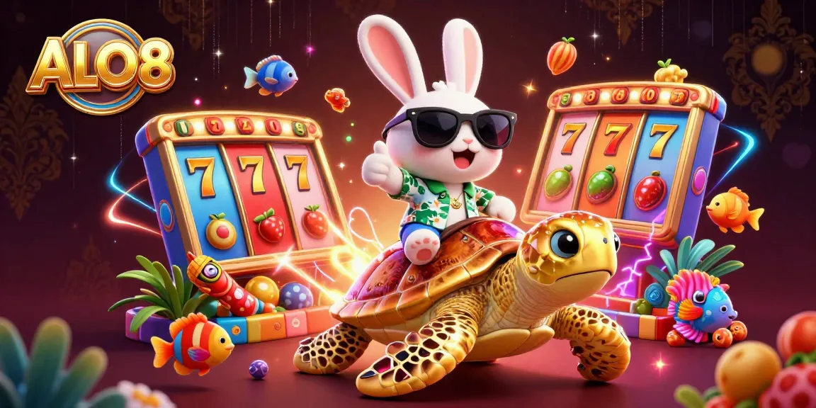 Experience thrilling gaming action at ALO8 with a lucky rabbit and golden turtle in a vibrant casino scene.