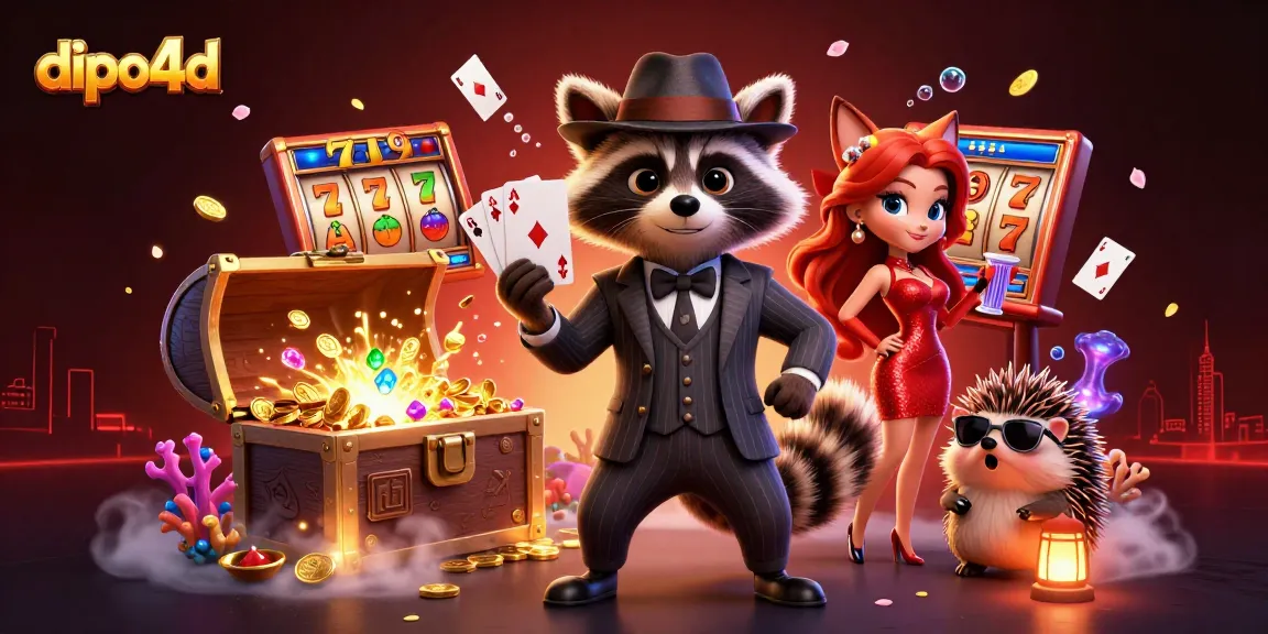 Experience thrilling wins with dipo4d as raccoon gambler celebrates a royal flush amidst vibrant gaming elements.
