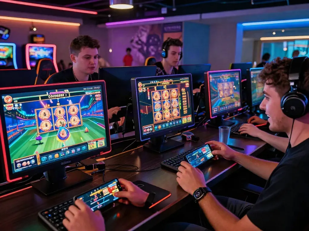 Players enjoying ORION88 APK competitive gaming on mobile devices with excitement in a modern lounge.