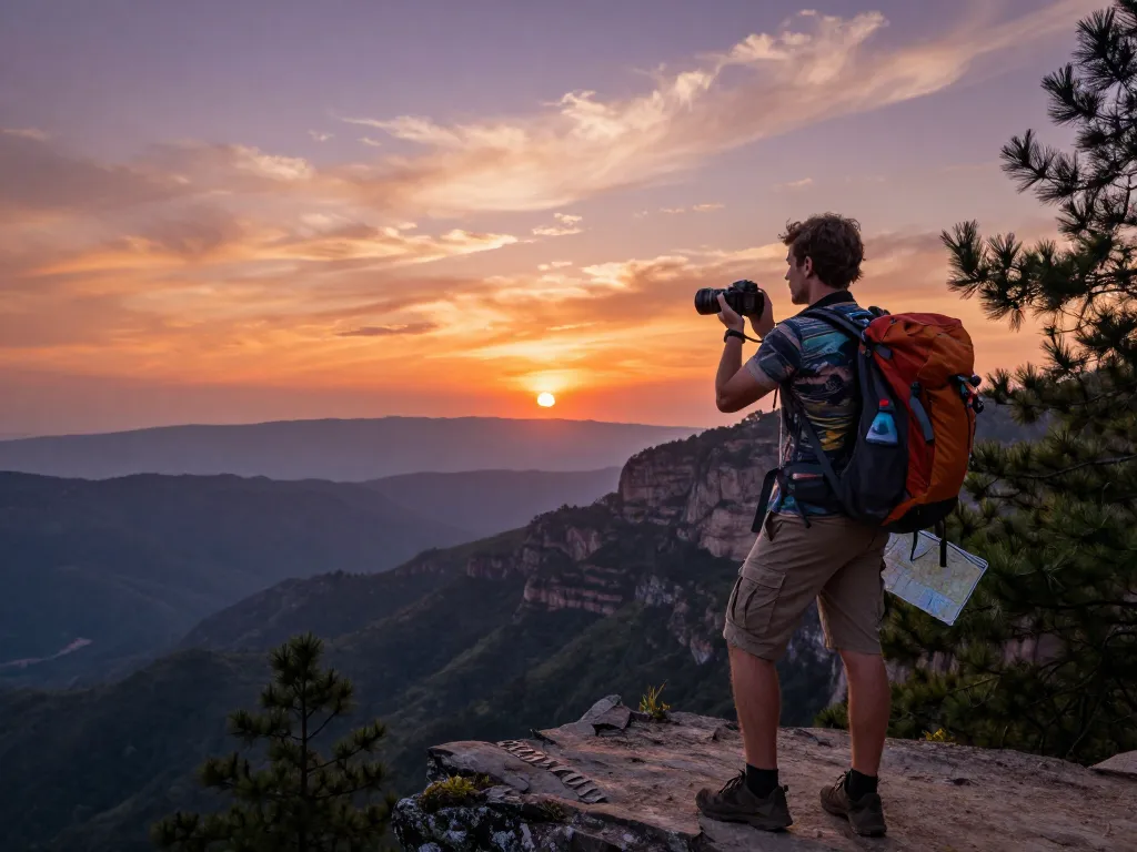 Traveler at a scenic viewpoint during sunset, ready to capture the breathtaking view of valleys and mountains, showcasing the spirit of Fly88.
