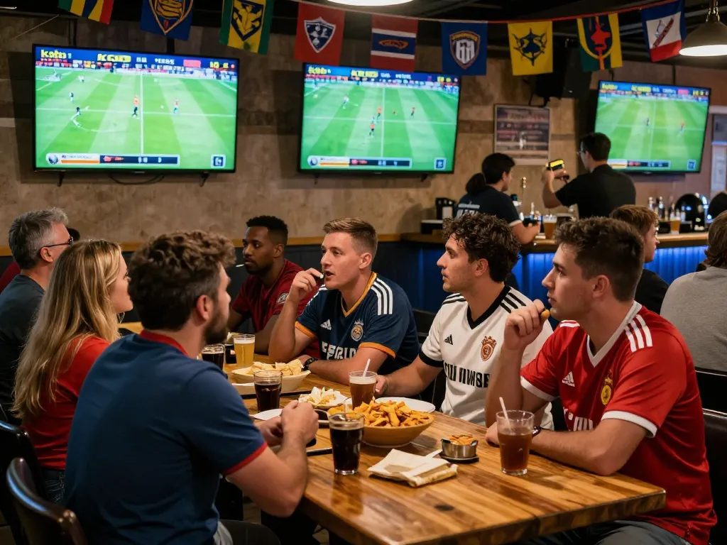 Fans watching kqbd updates in a lively sports bar, highlighting the excitement of live football matches.