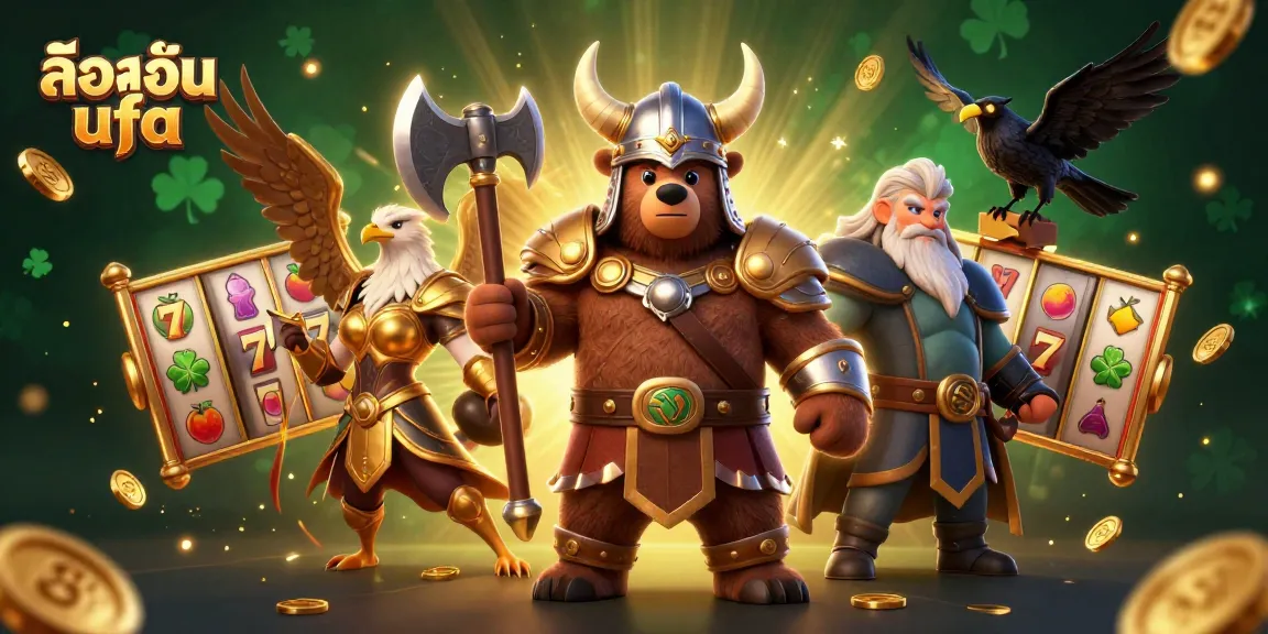 Experience the thrill of ล็อคอิน ufa with a Viking berserker and Valkyrie eagle in a vibrant casino scene.