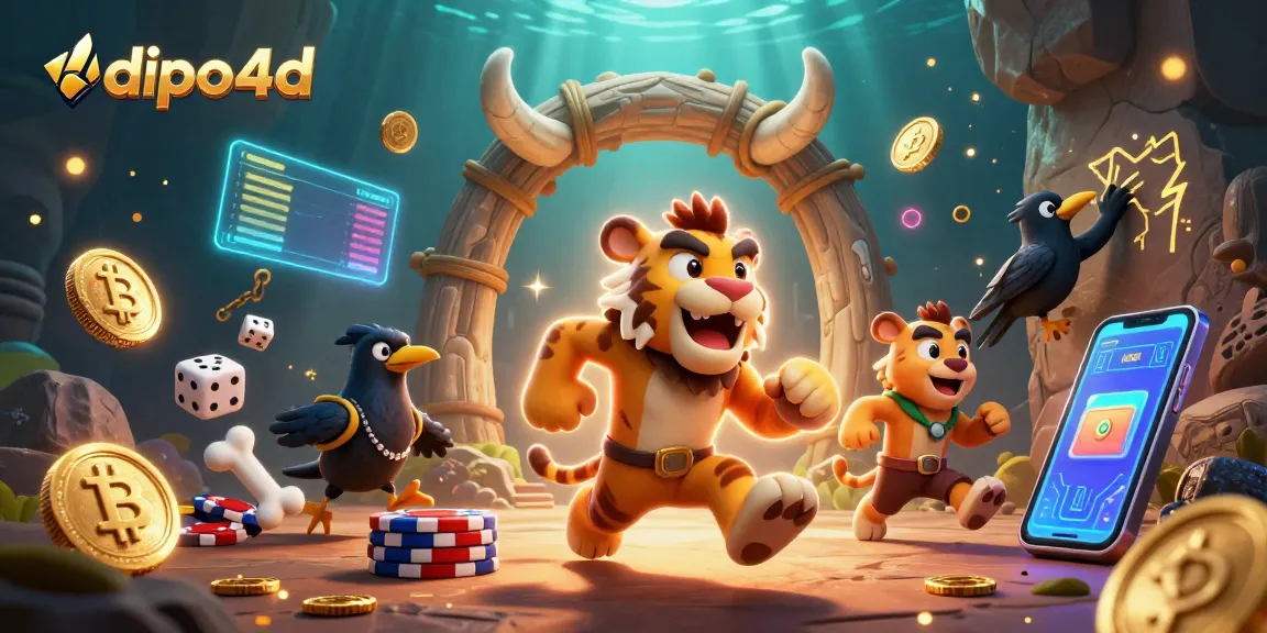 Engage with dipo4d in this vibrant prehistoric casino scene showcasing characters and crypto elements.