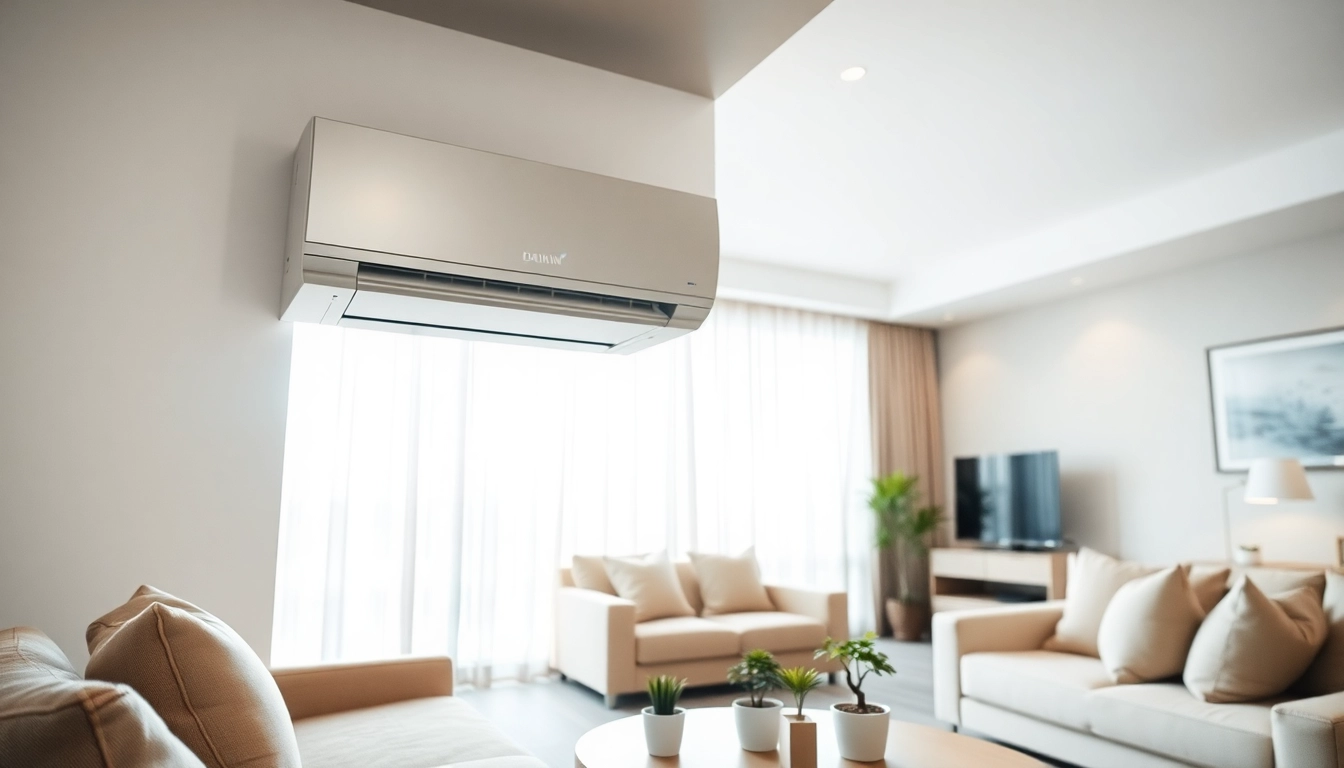 Install a daikin mini split ac in a stylish living room with modern decor and bright lighting.