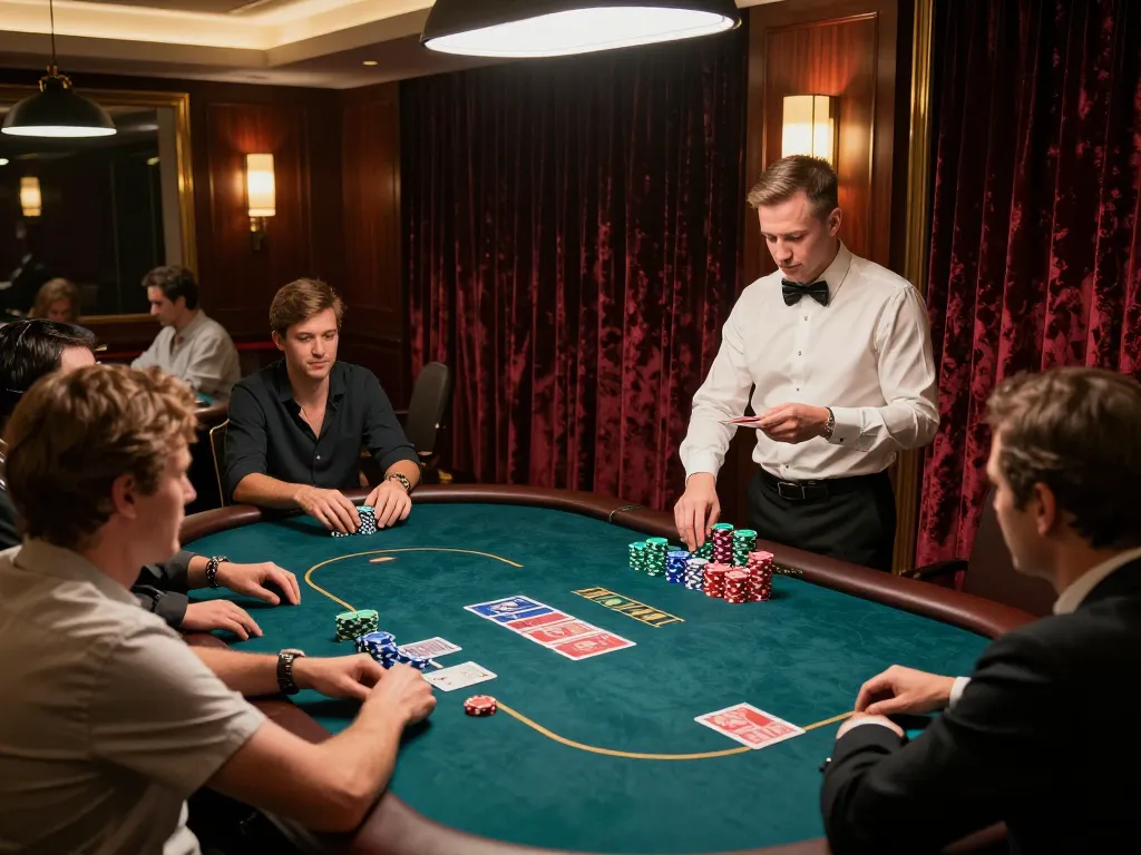 Players strategizing in a high-stakes poker room at debet, surrounded by luxury decor and engaging gameplay.