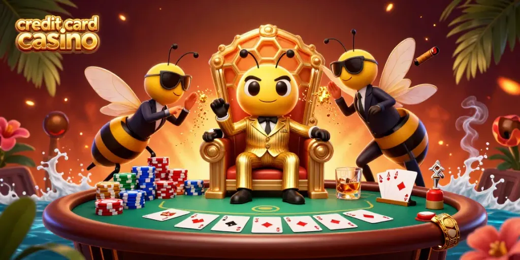 Experience a dynamic credit card casino scene with playful characters and vibrant gaming elements.