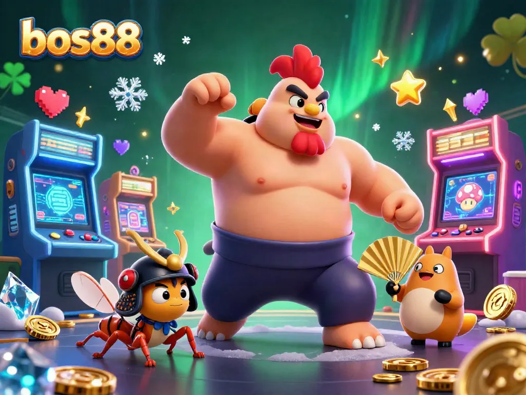 Engage with bos88's thrilling gaming experience featuring a sumo wrestler rooster, cricket, and announcer amid dynamic arcade and casino elements.
