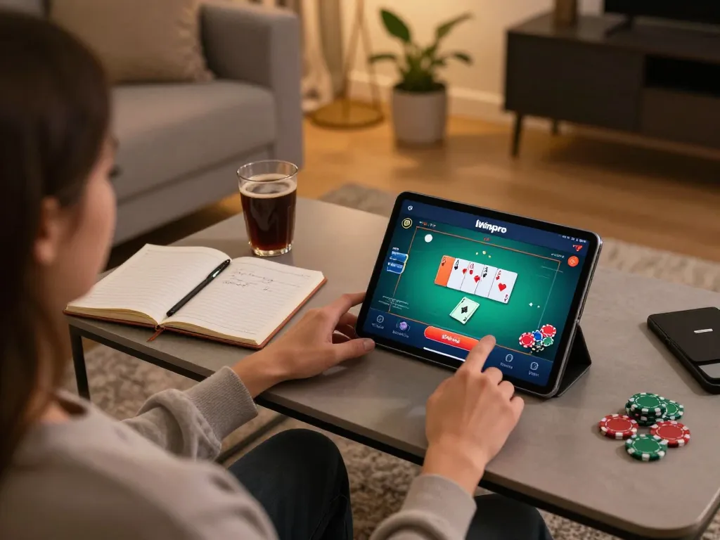 Playing poker on the Iwinpro app within a cozy home setting, showcasing a vibrant gaming atmosphere