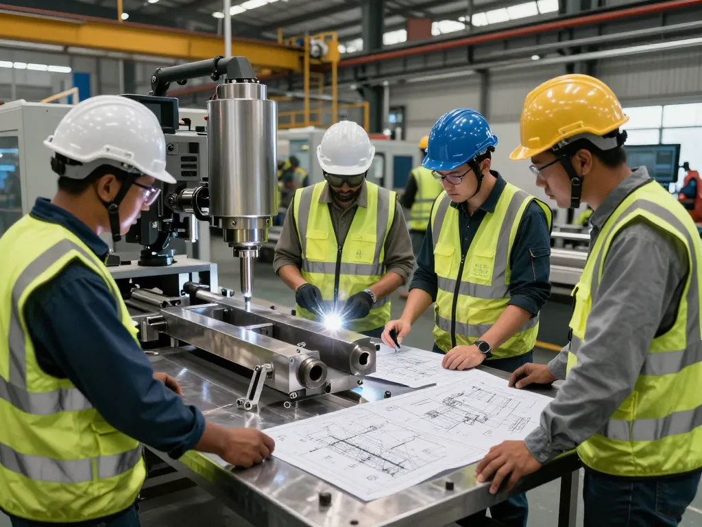 Engineers collaborating on sumwin stainless steel fabrication in a dynamic industrial workspace.