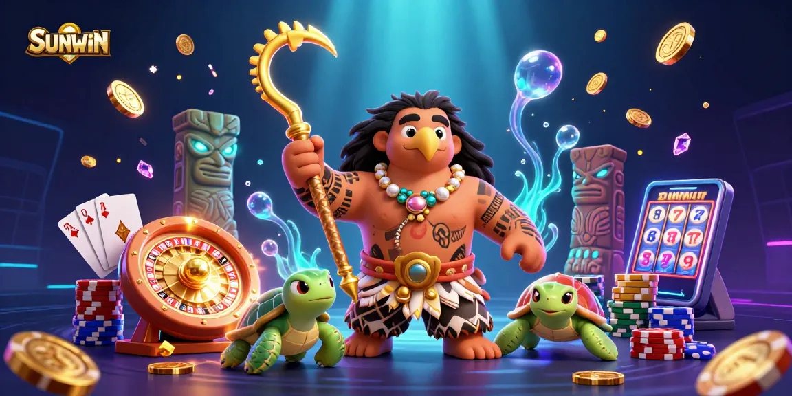 SUNWIN showcases a demigod hawk and turtle with vibrant casino elements in a dynamic 3D scene.