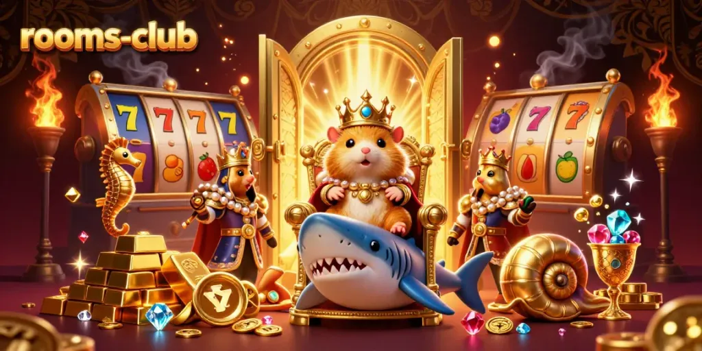 Menangkan jackpot di rooms-club dengan hamster raja di kursi megadon, simbol slot menunjukkan peluang besar.