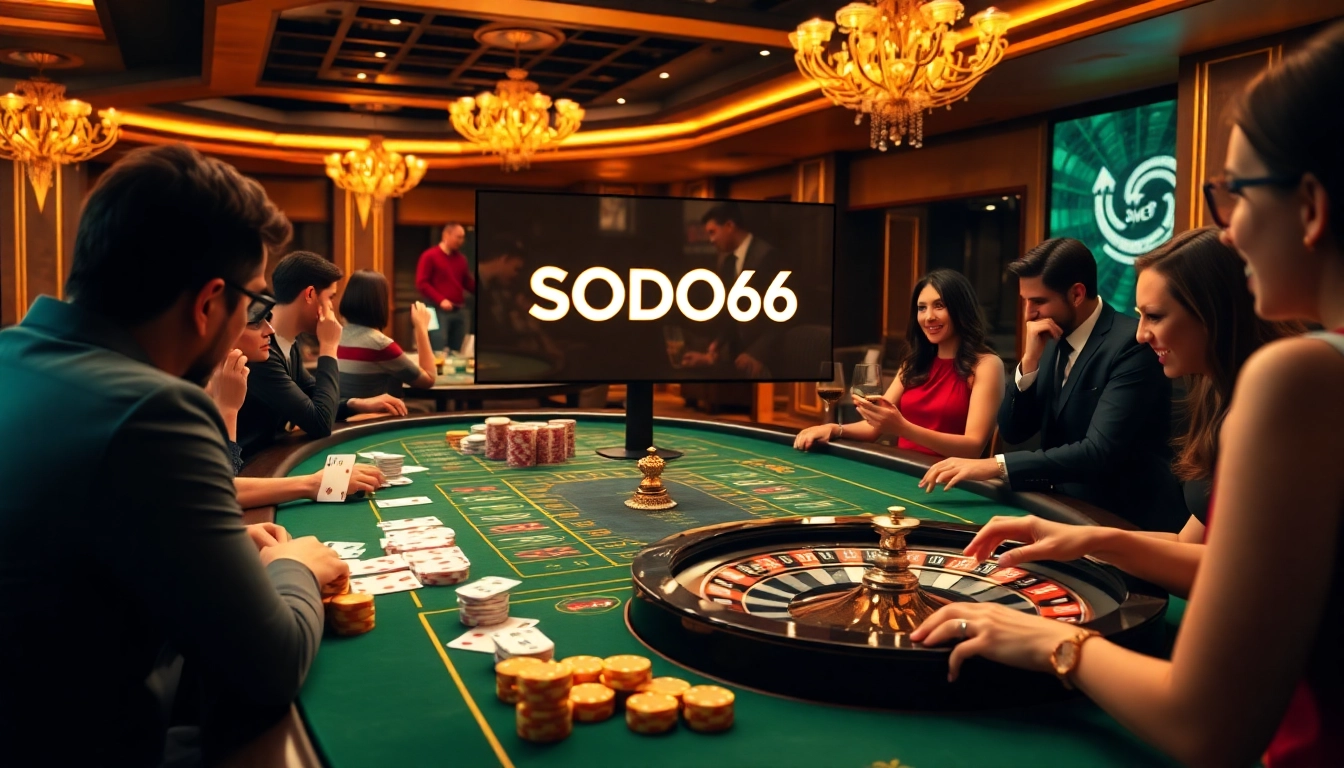 SODO66 players experiencing thrilling casino action around a luxurious table with cards and chips.