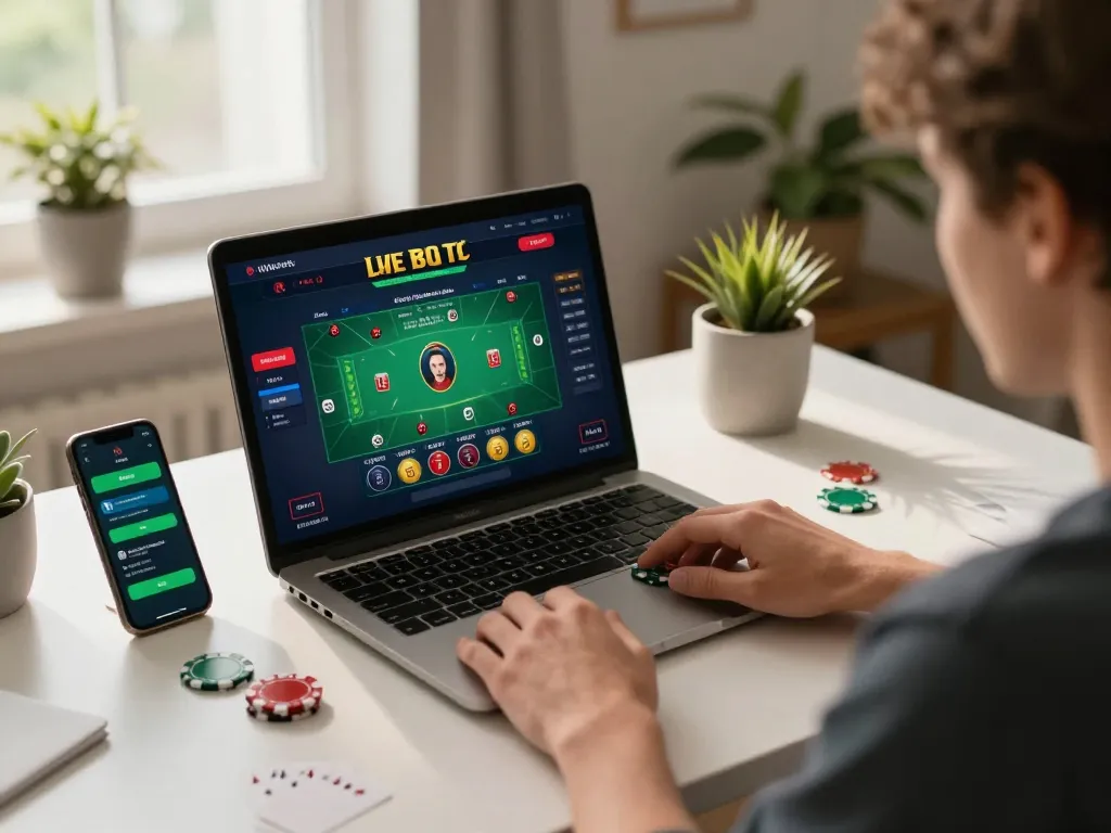 Player engaging with TR88 online blackjack, immersed in live game action in cozy home setting