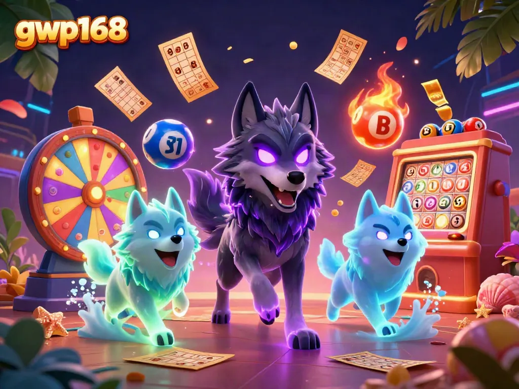 Permainan slot interaktif di gwp168 dengan anjing serigala dan bola lotere berwarna-warni.