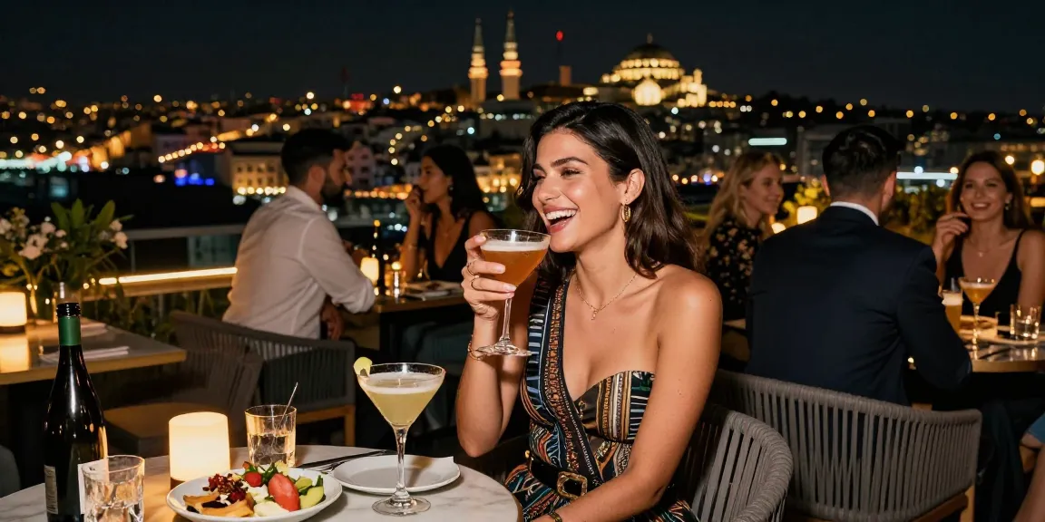 Sefaköy Escort enjoying a night out in a stylish rooftop bar with a vibrant urban backdrop.