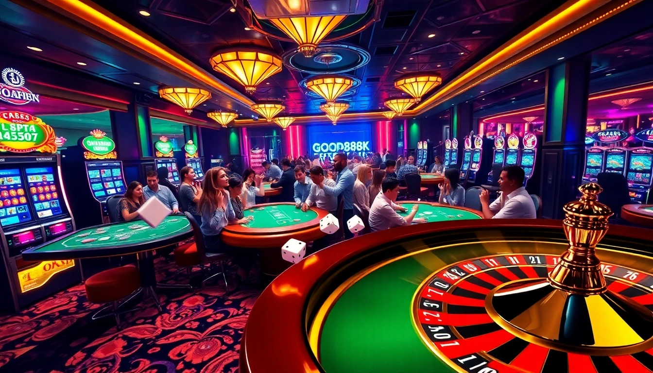 Players enjoying a vibrant casino scene at https://good88k.co/, showcasing a roulette wheel and slot machines.