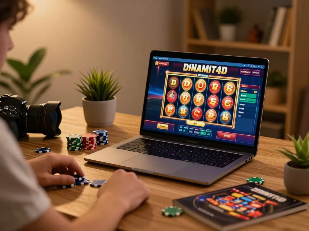 Engaging gaming experience on dinamit4d website with vibrant slot reels and casual setup.