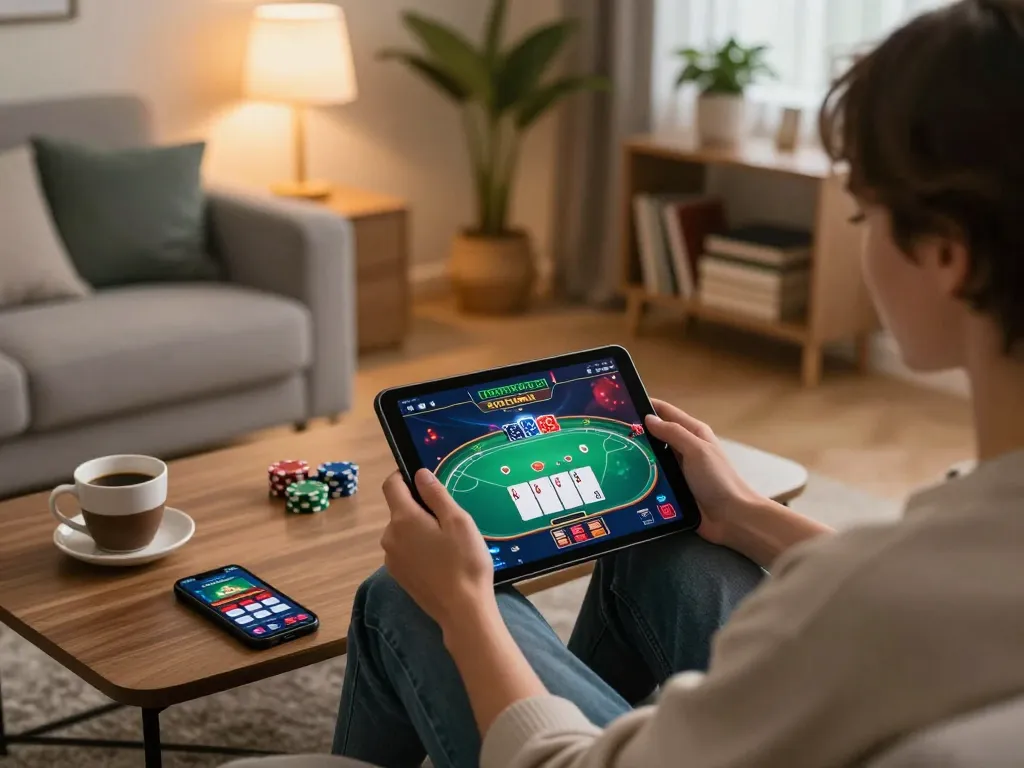 Player engaging with nhà cái fun79 gaming on a tablet in a cozy home setting