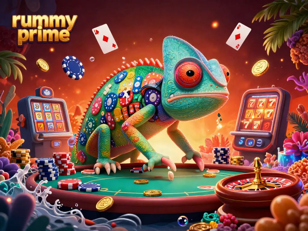 Experience the vibrant rummy prime scene featuring a chameleon casino owner amidst dynamic card gaming elements.