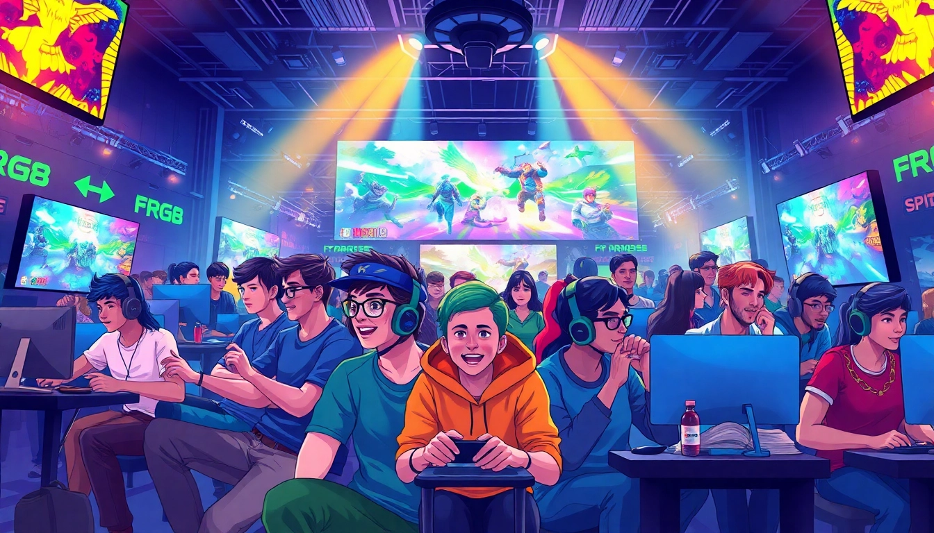 Gamers enjoying the hi game experience in a colorful arena, filled with excitement.