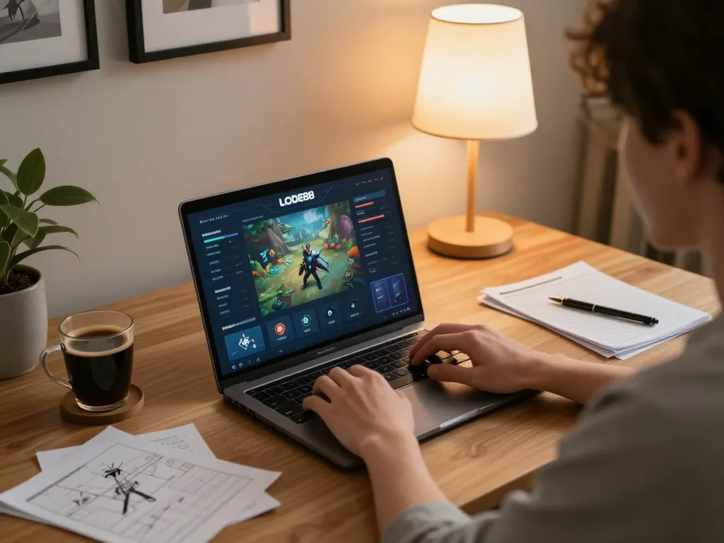 Player enjoying LODE88 online games on a laptop amidst cozy home setup, capturing excitement and strategy.