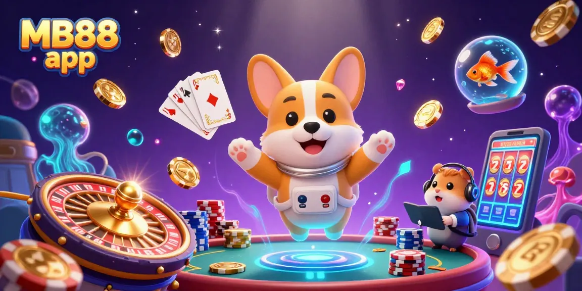 Experience the excitement of the MB88 app with a stellar space-themed casino illustration featuring playful characters.