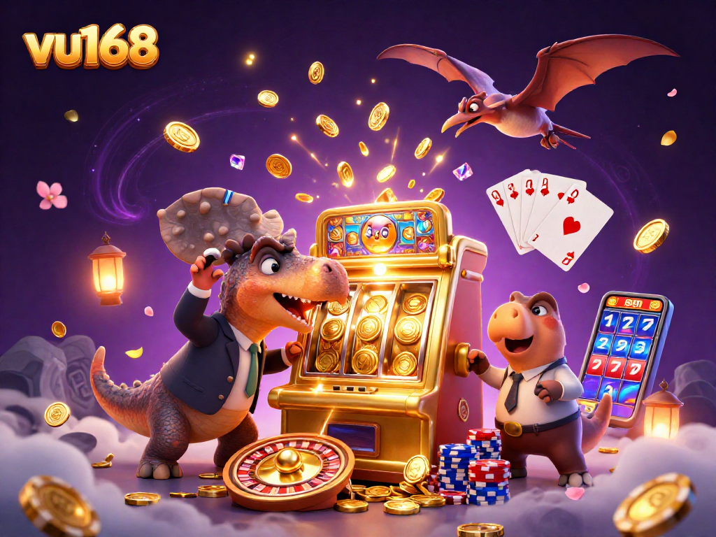 vu168 jackpot scene with a dinosaur, casino elements, and flying coins