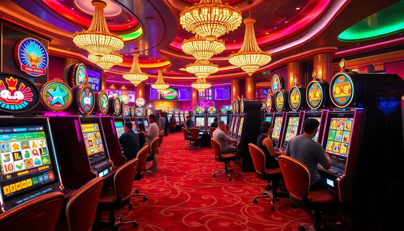 Exciting slots scene featuring players and slot machines at https://topnohu.one/ casino.