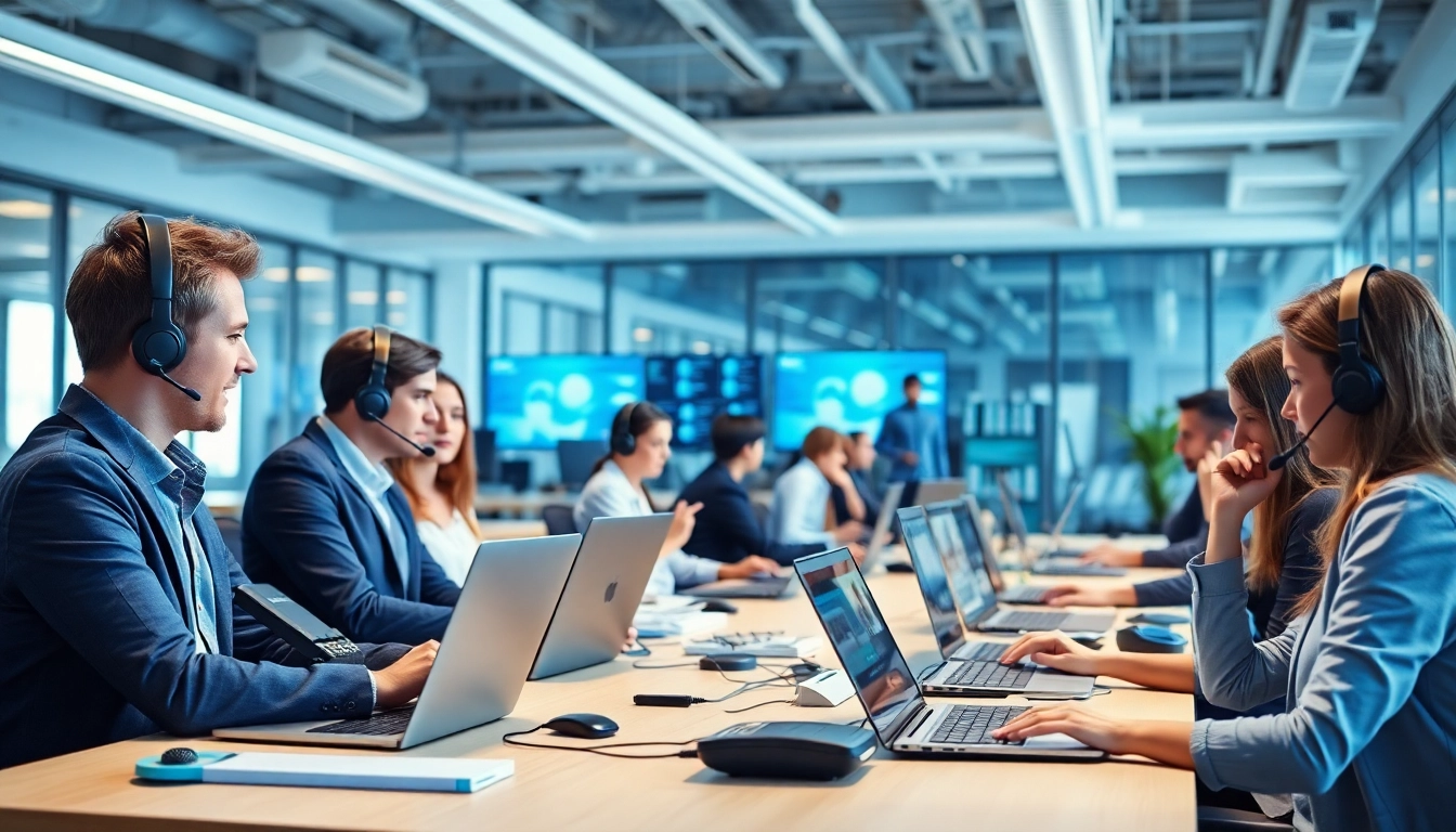 Employees using a cloud based phone system in a modern office environment.