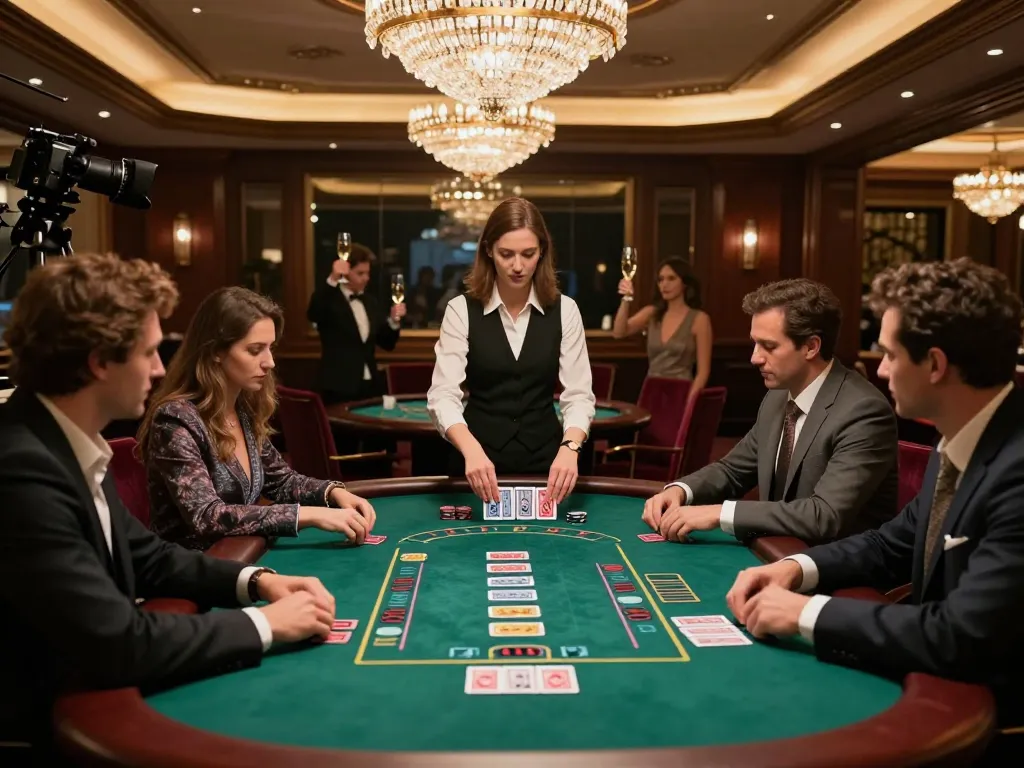 Bong99 players strategizing at a luxurious blackjack table, showcasing an intense gaming experience.