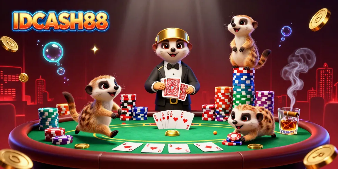 Engage with IDCASH88's vibrant casino scene featuring charming meerkats enjoying poker action.