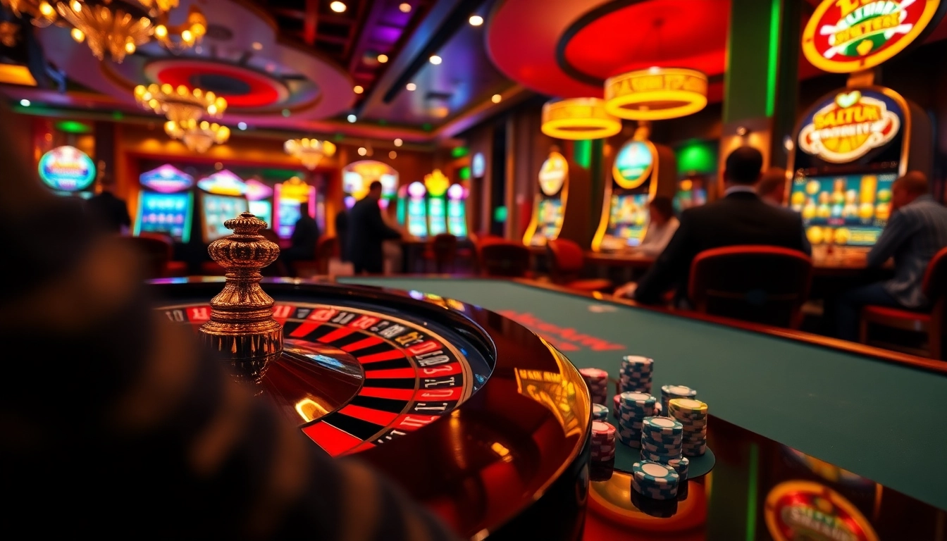 Winning at https://luckywin.fan/ in a vibrant casino with roulette wheels and poker tables.
