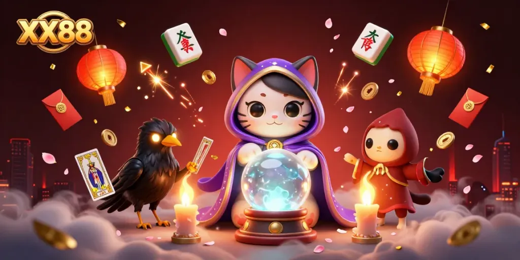 Engage with XX88's mystical gaming experience featuring a fortune teller cat and vibrant casino elements.