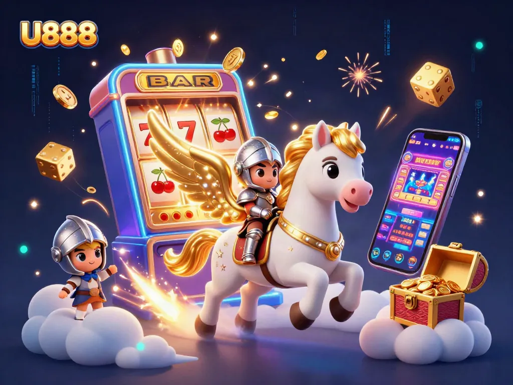 Experience thrilling wins with U888's dynamic casino scene featuring a celestial horse and golden jackpots.