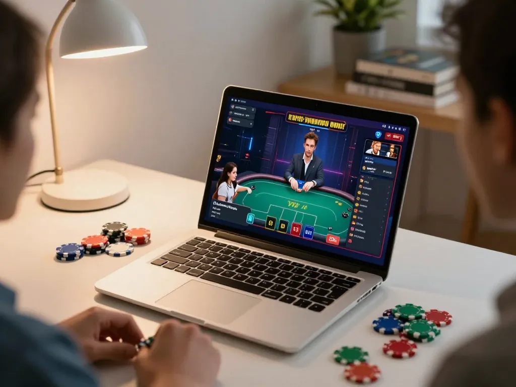 Playing online poker with 68win on a laptop, colorful chips scattered and warm home ambiance.