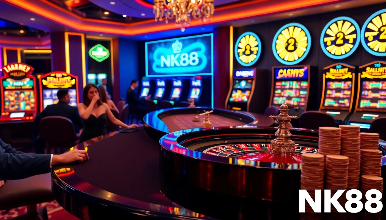 Players engaging with NK88 at a vibrant casino table with exciting games and thrilling ambiance.