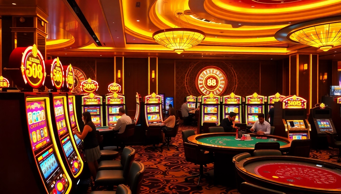 Players enjoying slot 88 machines in a vibrant casino atmosphere, filled with excitement and luxury.