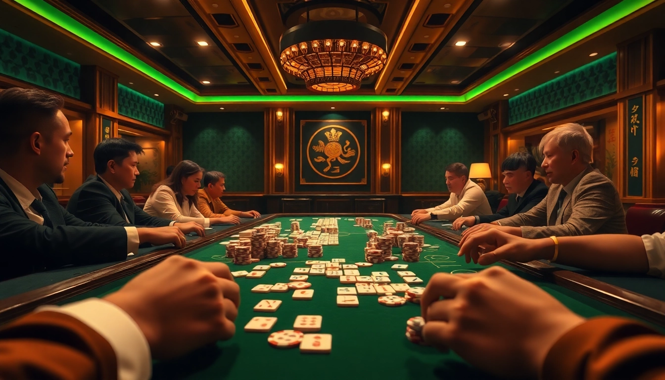 Pemain merencanakan strategi di meja mahjong dalam suasana kasino mewah.