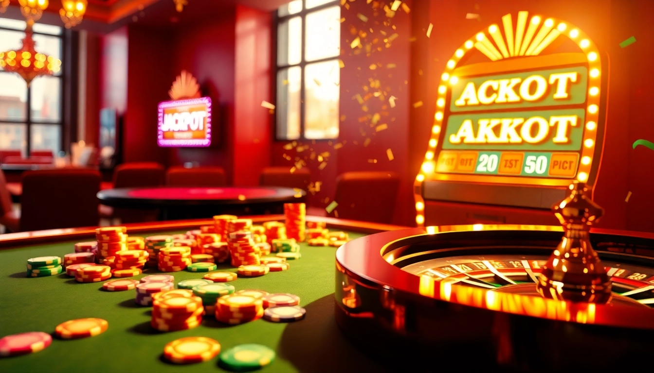 An exciting setting of a casino celebrating the explosion of a prize-winning lottery with vibrant poker chips, roulette, and a jackpot slot machine.