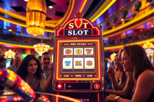 Excited players engaging with the 'Slot Gacor' machine in a luxurious casino setting.