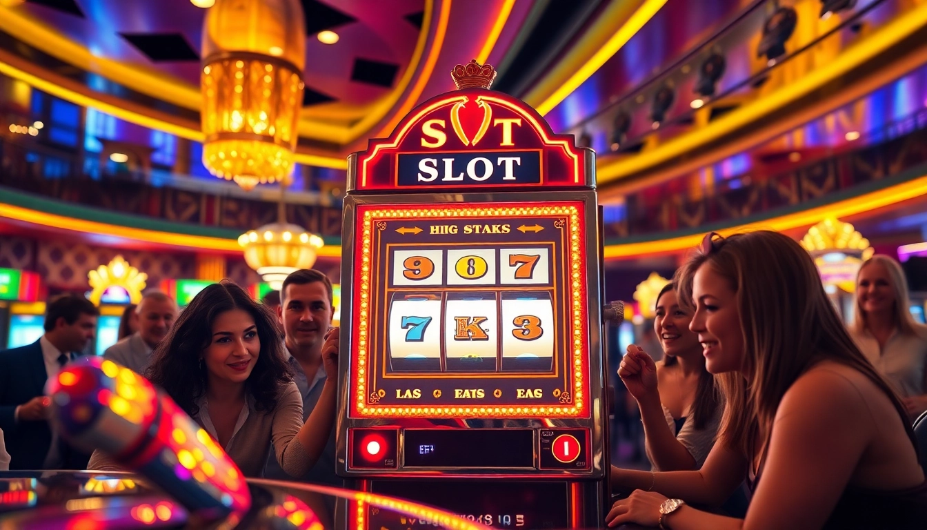 Excited players engaging with the 'Slot Gacor' machine in a luxurious casino setting.