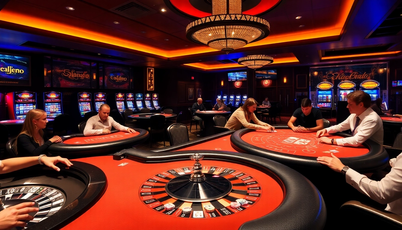 Exciting poker action at SODO CASINO with players and vibrant slot machines.