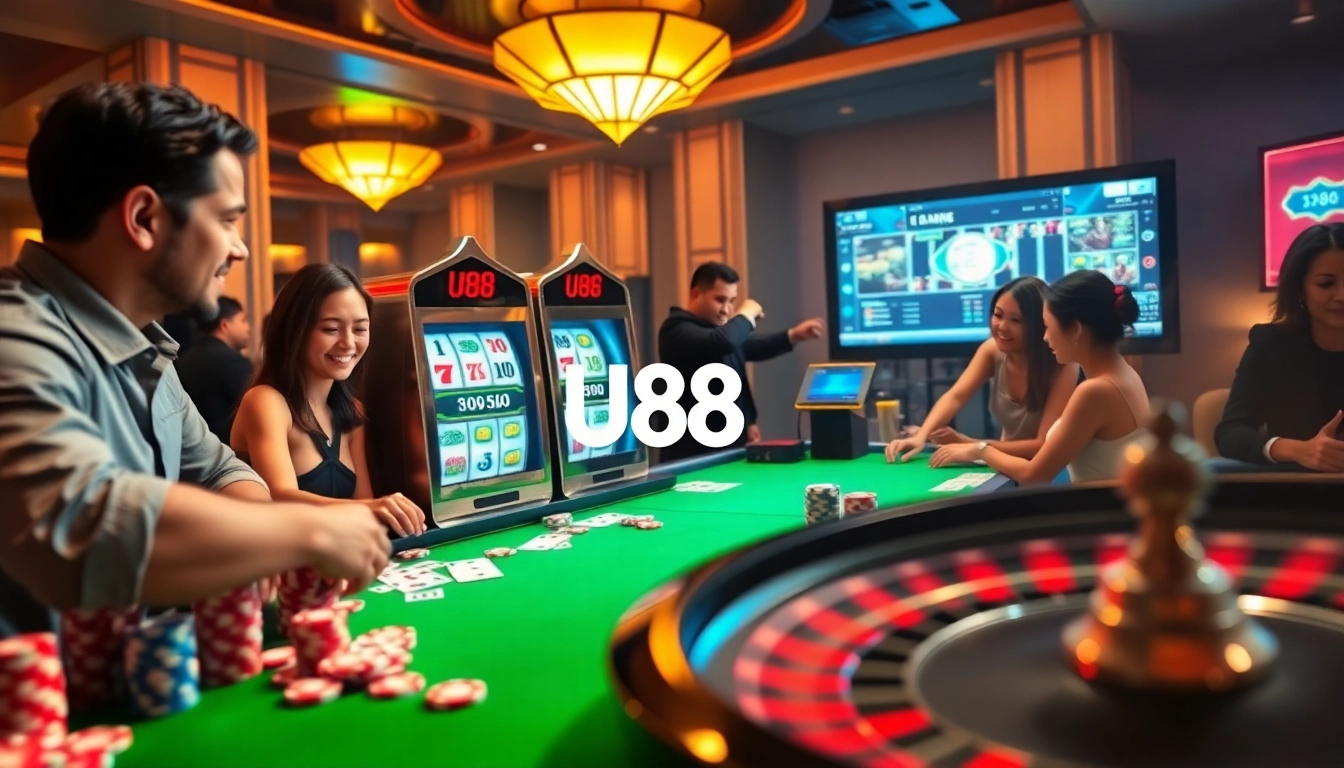 Exciting casino scene highlighting U88 slot machine, poker chips, and vibrant gambling atmosphere.