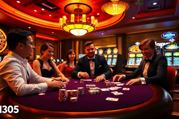 Experience high-stakes poker action at PH365 casino with colorful chips and elegant players.